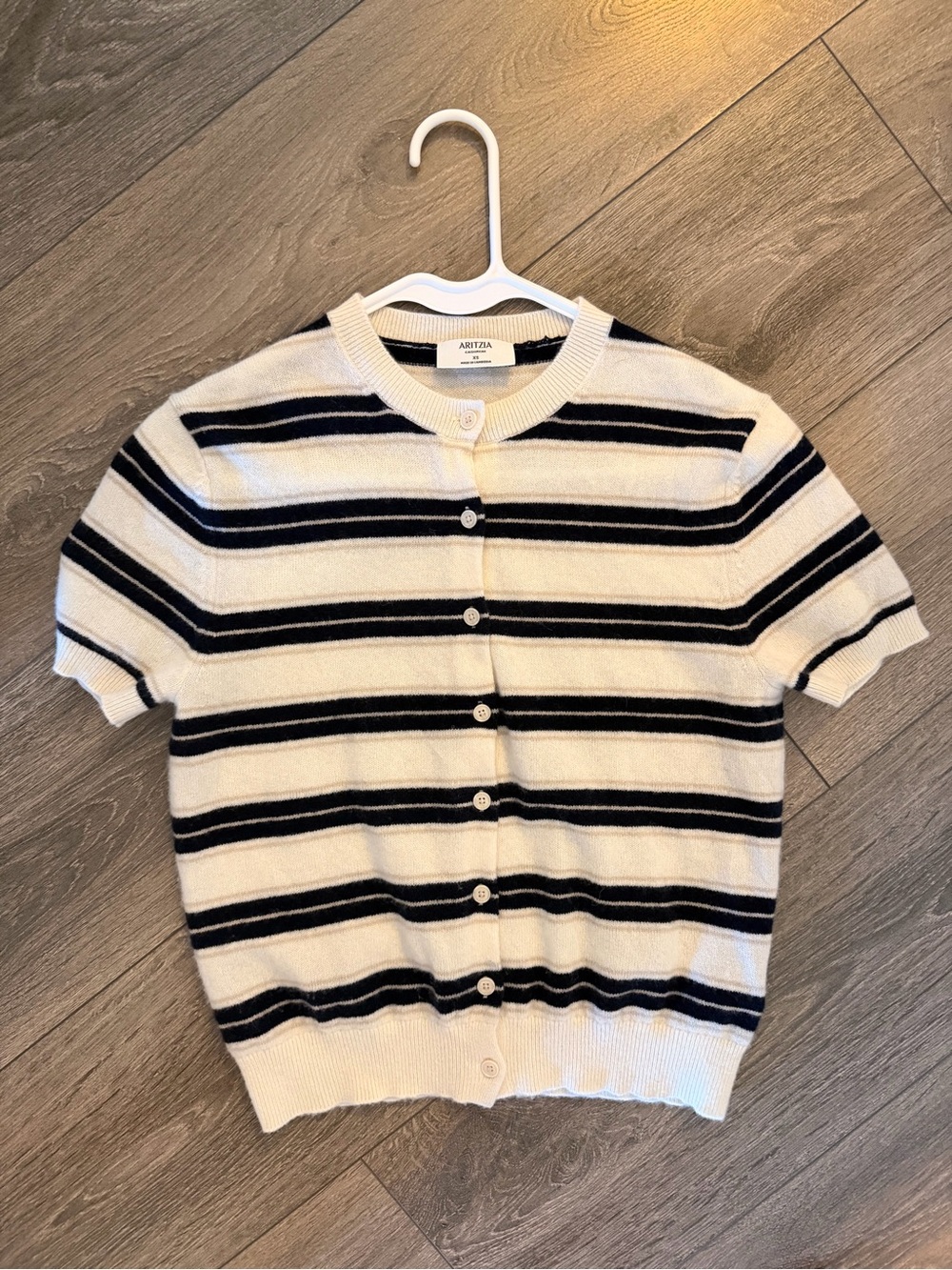 Aritzia Short-Sleeve Striped Button-Front Cardigan - Cream & Black